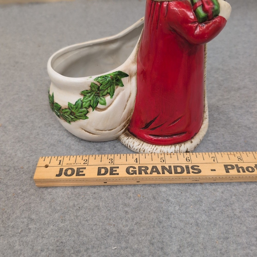 Claire Burke 1991 Ceramic Santa Claus Planter Candy Dish Red Green Holly - Picture 3 of 7